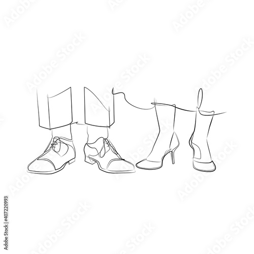 Bride and groom feet in one line. Black line vector illustration on white background