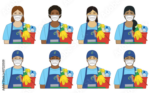 diversity, race, ethnicity of cleaner with cleaning supplies, female and male wearing protective medical mask, concept of essential worker for coronavirus, COVID-19, isolated on white background