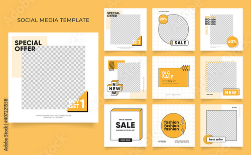 social media template banner blog fashion sale promotion. fully editable instagram and facebook square post frame puzzle organic sale poster. fresh yellow element shape vector background