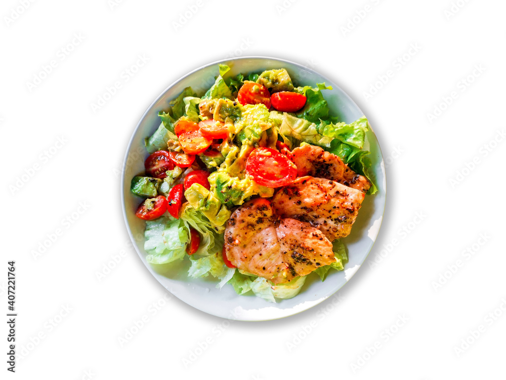 Clean food good health concept. Flat lay of roasted chicken with black pepper, green oak lettuce, avocado in white plate isolated on white background. Clean food good health concept. Flat lay of roasted chicken with black pepper, green oak lettuce, avocado in white plate isolated on white background.