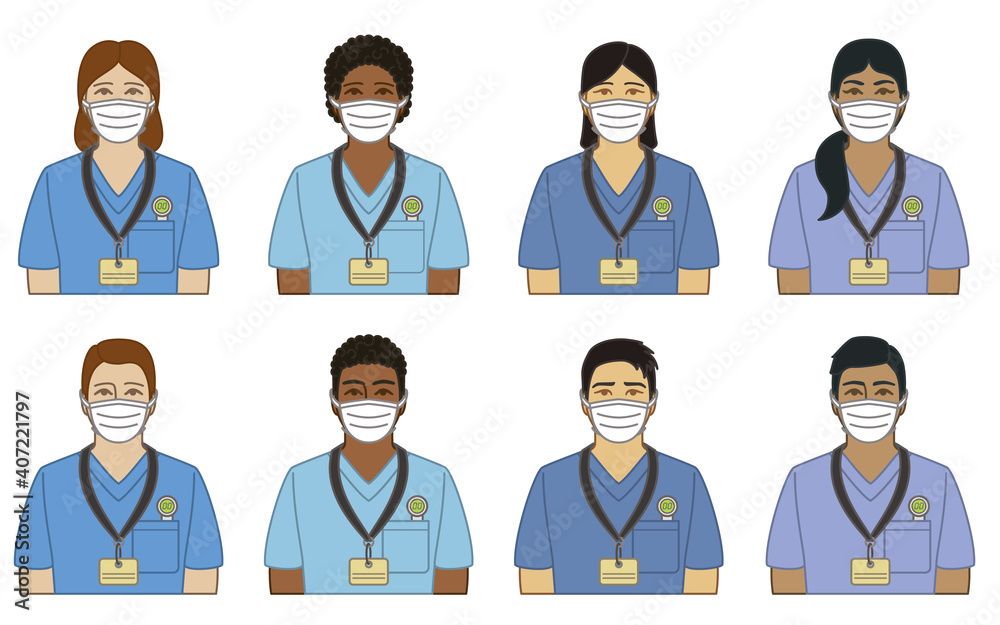 diversity, race, ethnicity of nurse, female and male wearing protective medical mask as concept of essential worker for 2019 novel coronavirus, COVID-19, isolated on a white background diversity, race, ethnicity of nurse, female and male wearing protective medical mask as concept of essential worker for 2019 novel coronavirus, COVID-19, isolated on a white background