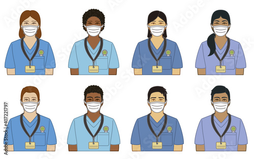 diversity, race, ethnicity of nurse, female and male wearing protective medical mask as concept of essential worker for 2019 novel coronavirus, COVID-19, isolated on a white background