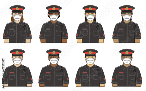 diversity, race, ethnicity of police officer, female and male wearing protective medical mask as concept of essential worker for 2019 novel coronavirus, COVID-19, isolated on white background