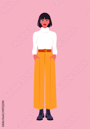 Portrait of a full-length Hispanic woman. Trendy casual outfit. Vector flat illustration