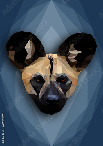 Geometrical illustration of a African wild dog on a blue violet background