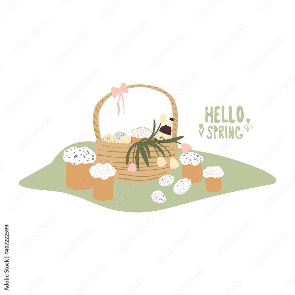 Fototapeta premium Easter basket, spring picnic. Easter cakes, wine, eggs. Vector illustration