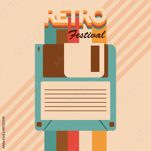 retro festival lettering poster with floppy disc