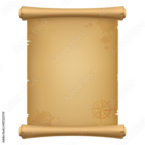 Old pirate antique scroll, treasure map with a rose of winds, Isolated on White Background. 3D realistic vector Illustration.