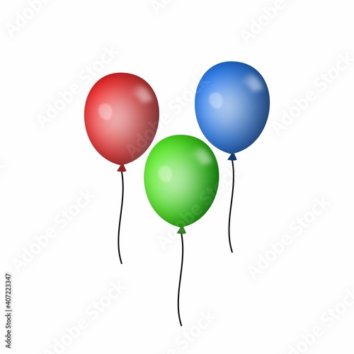 Blue  green and red balloons on strings. Three balloons for the holiday. Vector illustration.