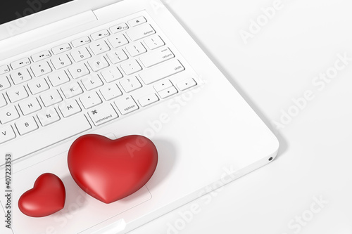 White computer keyboard button with red heart sign symbol 3d rendering. 3d illustration Internet dating of Love and Valentines Day greeting card template minimal concept.