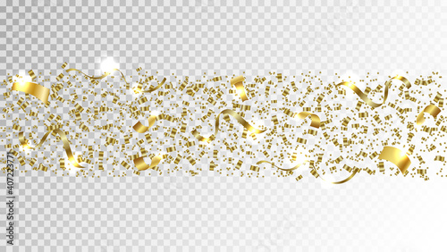 Gold confetti background vector. Falling shiny confetti glitters in gold color. New year, birthday, valentines day design element.