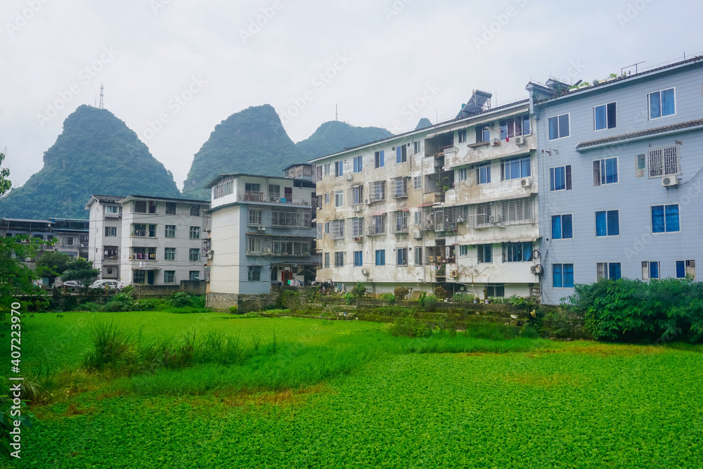 Green lawn in front of residential buildings in China