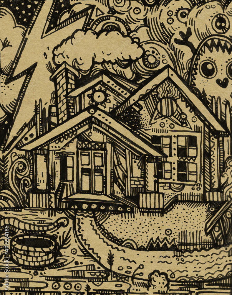 Naklejka premium Hand drawn house. Doodle illustration with a beautiful landscape and graphic spirit.