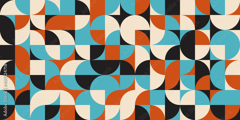 Modern vector abstract geometric background with circles, rectangles and squares in retro scandinavian style. Pastel colored simple shapes graphic pattern.
