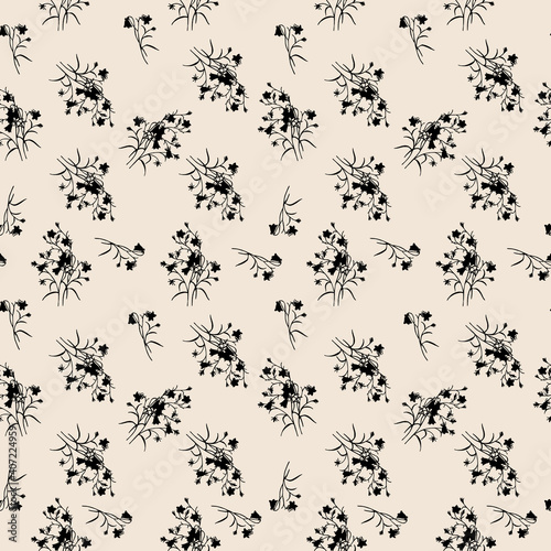 Seamless flowers pattern monochrome floral illustration.