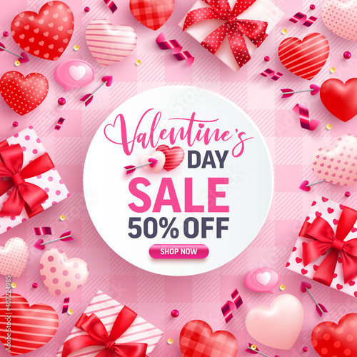 Valentine's Day Sale 50% off Poster or banner with cute gift box,sweet hearts and valentine elements on pink background.Promotion and shopping template for Love and Valentine's day concept.