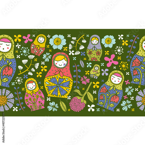 Horizontal seamless border with russian motiv. Matryoshka and flowers. Cute babushka.
