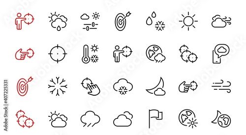 WEATHER set of icons, icons such as weather forecast and clouds, wind, rain, snow, weather settings and sunny weather and much more. Editable stroke, simple vector lines