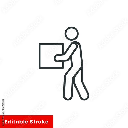 Lifting weights, box, man icon. Simple line style for web template and app. Lift, back, pain, boy, carry, vector illustration design on white background. Editable stroke EPS 10