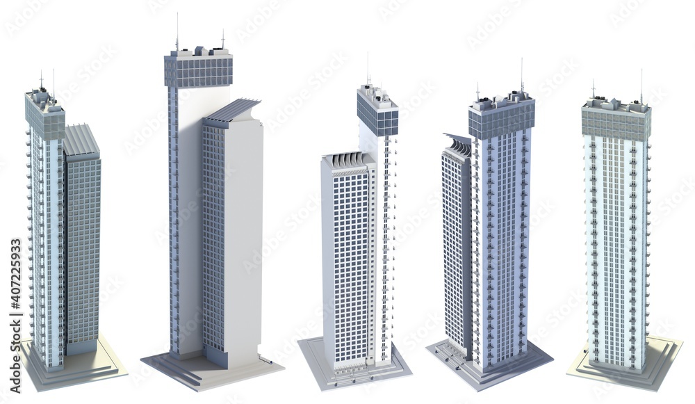 5 view from above renders of fictional design commercial buildings block of flat towers with sky reflections - isolated on white, 3d illustration of architecture