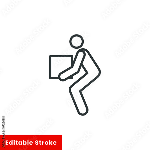 Lifting weights, box, man icon. Simple line style for web template and app. Lift, back, pain, boy, carry, vector illustration design on white background. Editable stroke EPS 10