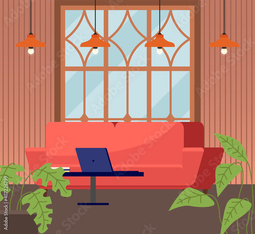 Interior design of a living room. Red sofa, laptop on the table near a large panoramic window. Potted plant next to the coffee table. Furniture for the interior of a room for receiving guests and rest