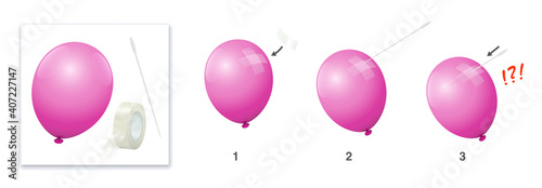 Balloon with adhesive strips that does not burst when stung by a needle. Astonishing physical experiment, amazing magic trick, surprising fun. Vector on white.
