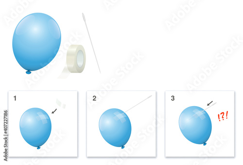 Experiment with balloon, adhesive strips and needle, that does not burst the balloon when stinging it. Surprising fun, amazing magic trick, astonishing physical experiment. Vector on white.
