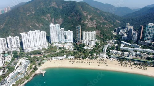 Hong Kong Repulse Bay skyline with luxury residential complexes on a beautiful clear day, Aerial view.