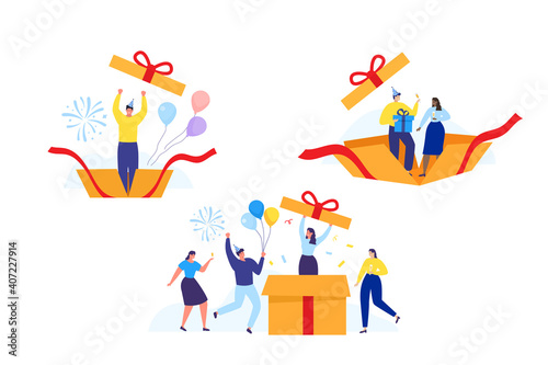 Birthday Party. People celebrating. Surprise. Gift box. Vector