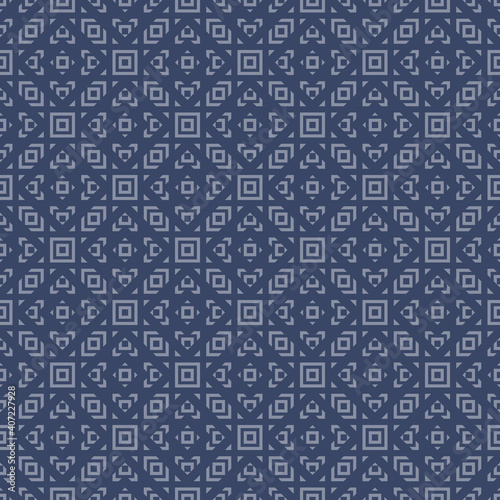 Vector geometric ornament in ethnic style. Abstract seamless pattern with small squares, diamonds, triangles, grid, net, repeat tiles. Dark blue color. Simple vintage background texture. Repeat design