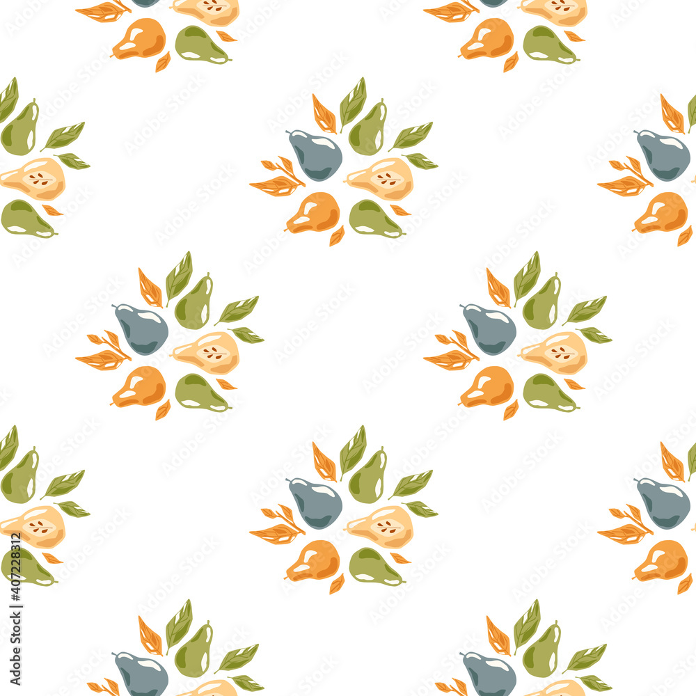 Isolated seamless pattern with orange and blue colored pear and leaves shapes. White background.