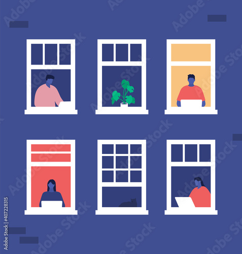 People on the window of the house. People silhouettes working from home with laptop. Vector