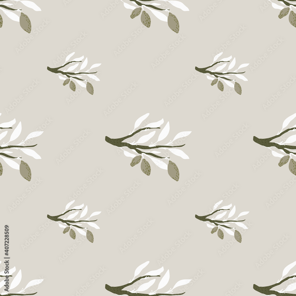 White lead branches and grey lemons seamless doodle pattern. Light background. Food fruit backdrop.