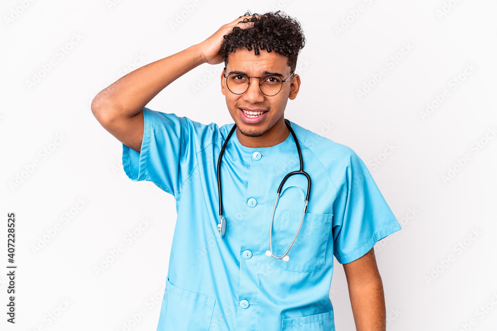 Young african american curly nurse man isolated being shocked, she has remembered important meeting. Young african american curly nurse man isolated being shocked, she has remembered important meeting.