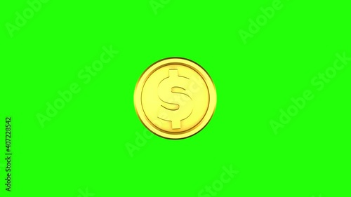 3d animated rotating gold coin. 4K video. Rotation on green screen background for footage