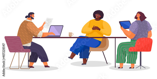 Teamwork communication, communicating office workers, woman sitting at table with tablet talking with colleagues men, businesspeople discussing work moments, strategy, partners, brainstorming