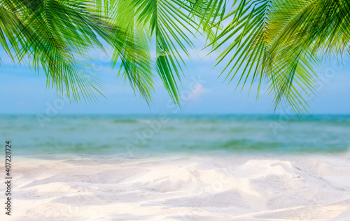 Coconut tree leaf on the tropical beach with space for text , summer,holiday, vacation weekend or relax ,summer mid year sale concept  © kittiyaporn1027