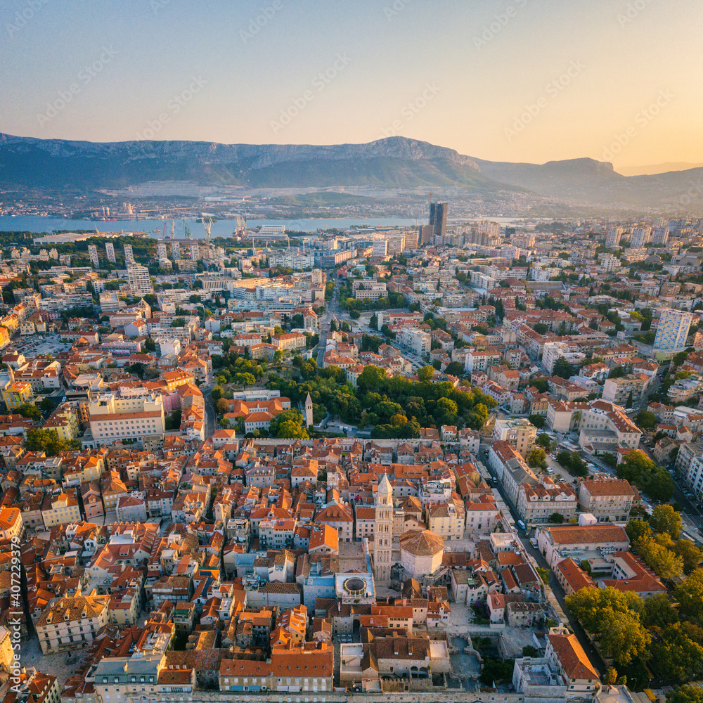 Aerial view of Split with Old City, historic waterfront, scenic panoramic cityscape, outdoor travel background, Dalmatia, Croatia. Famous and second-largest city in the country