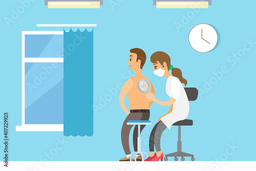 Dermatologist female character examining a mole from a male patient with magnifying glass in clinic. Medical procedure dermatoscopy. A dermatologist looking at a patients skin, therapist, oncologist