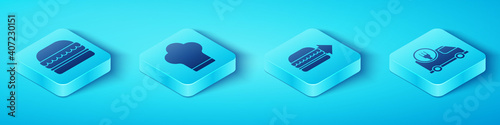 Set Isometric Burger, Chef hat, Fast delivery by car and Online ordering burger delivery icon. Vector.