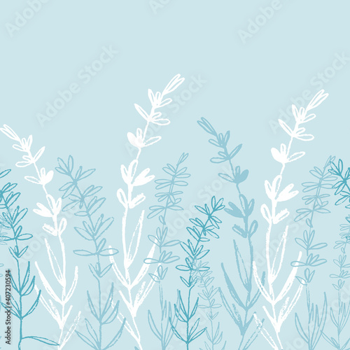 Fototapeta Naklejka Na Ścianę i Meble -  Seamless monochrome border pattern with hand drawn lavender for textile, clothing, background design. White on blue
