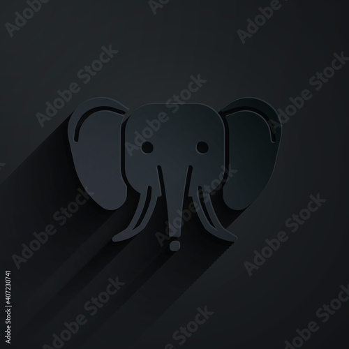Paper cut Elephant icon isolated on black background. Paper art style. Vector.