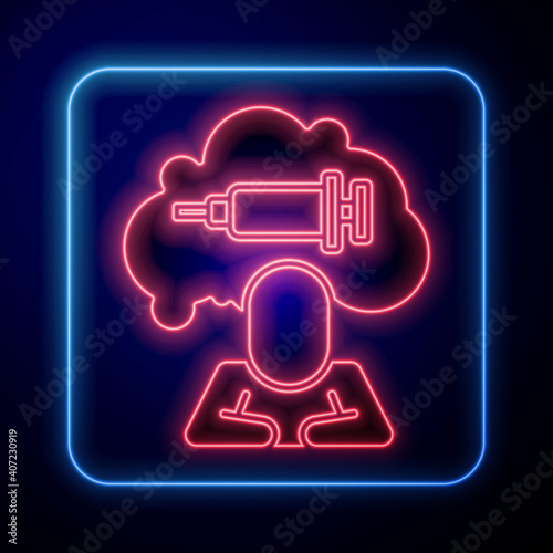 Glowing neon Addiction to the drug icon isolated on blue background. Heroin, narcotic, addiction, illegal. Sick junkie with a syringe and medical pills. Vector.