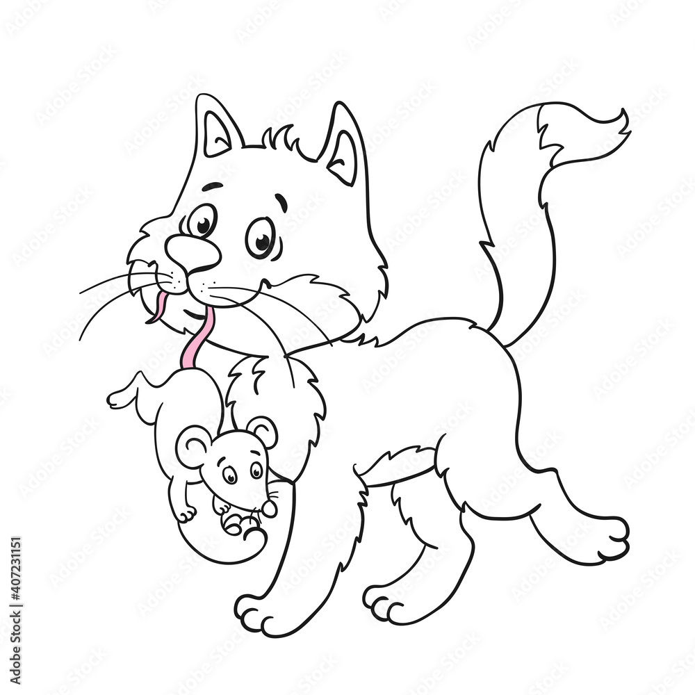 A cute cat goes with a mouse in his mouth. Black and white outline picture in cartoon style. For coloring book. Isolated on white background. Vector illustration. A cute cat goes with a mouse in his mouth. Black and white outline picture in cartoon style. For coloring book. Isolated on white background. Vector illustration.