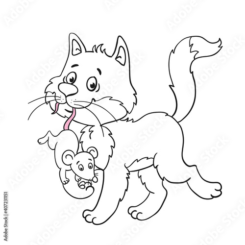 A  cute cat goes with a mouse in his mouth. Black and white outline picture in cartoon style. For coloring book. Isolated on white background. Vector illustration.