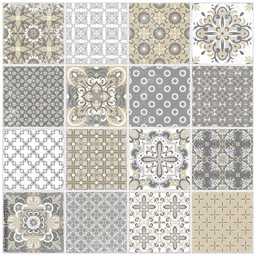 Traditional ornate portuguese tiles azulejos. Vintage pattern for textile design. Geometric mosaic, majolica.