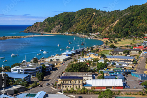 Fototapeta Naklejka Na Ścianę i Meble -  The coastal town of Whakatane in the Bay of Plenty, New Zealand. Many small leisure craft are in the harbour
