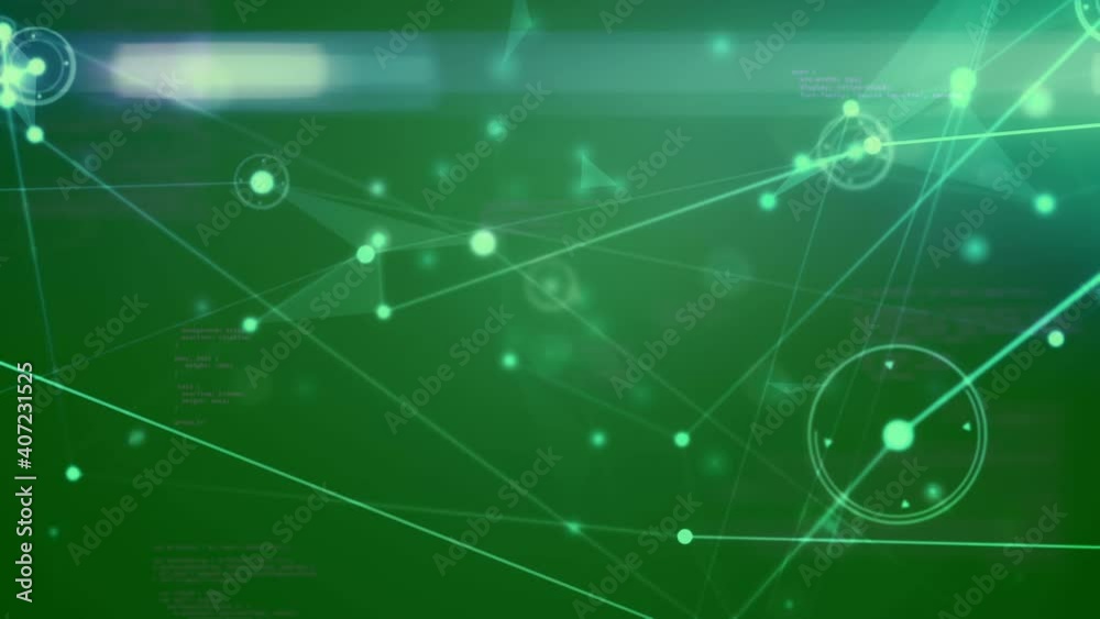 Animation of data processing and network of connections with glowing spots on green Animation of data processing and network of connections with glowing spots on green