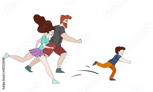The child runs away from his parents. Parents catch up with the naughty child. Difficulties in parenting